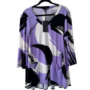 Sun Kim V-Neck Long Sleeve Tunic Purple Black White Pockets High Low Hem Size M